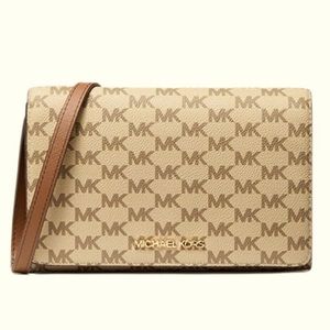 Michael Kors Beige Saffano Leather Logo Jet Set LG MF Crossbody Wallet Clutch